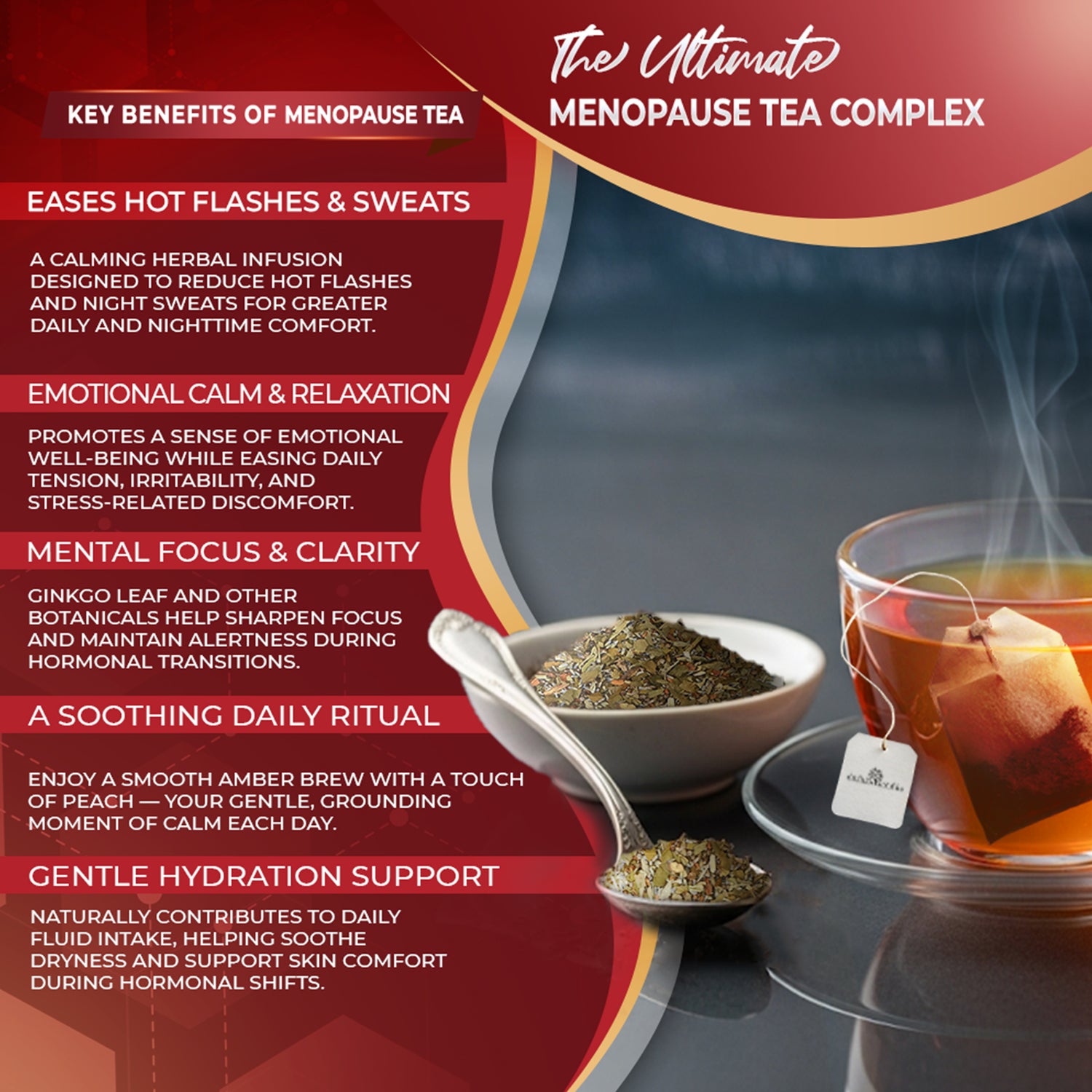 Golden Herbs USDA Organic Menopause Wellness Herbal Tea – 30 Caffeine-Free Tea Bags – Soothing Blend for Comfort &amp; Balance – Packed in USA