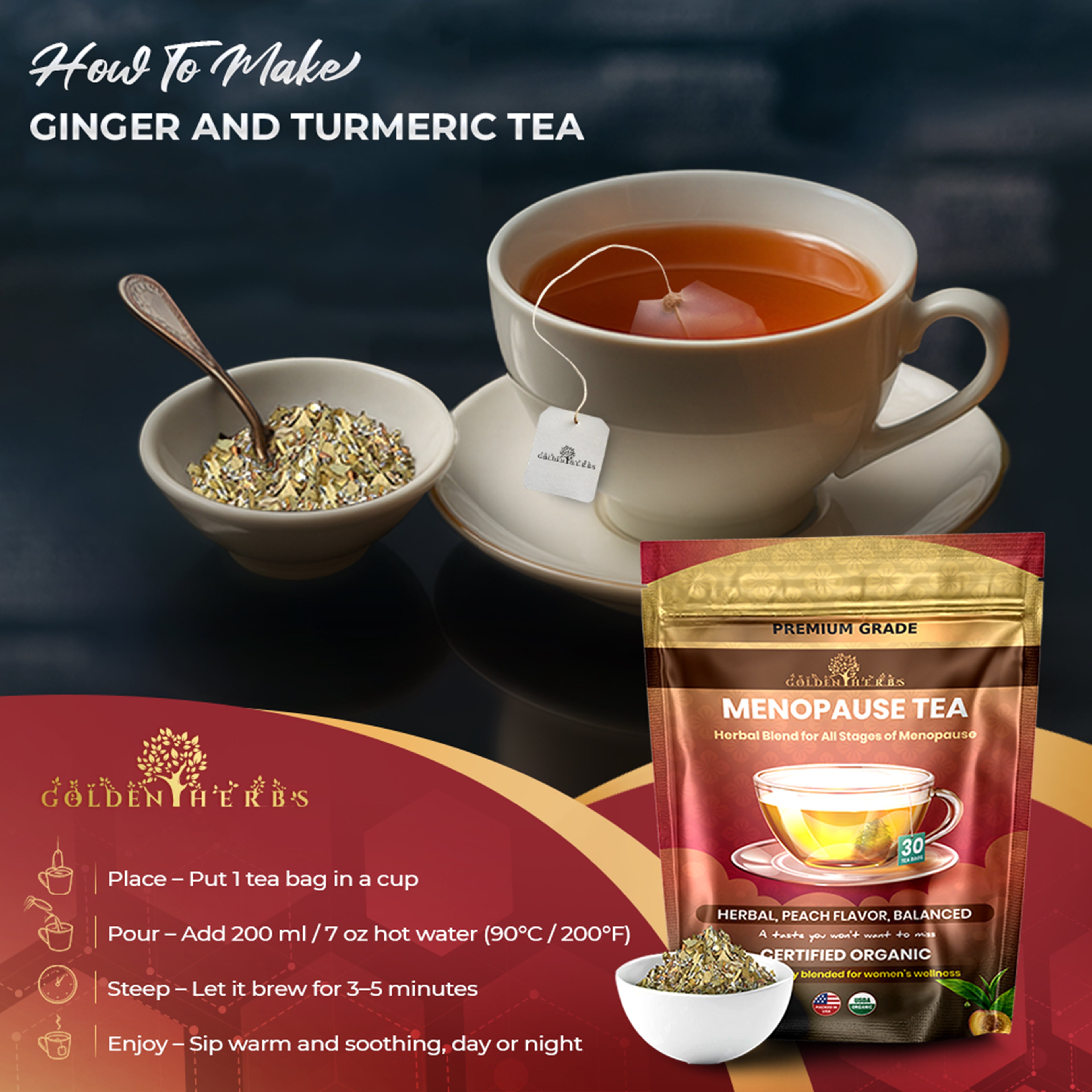 Golden Herbs USDA Organic Menopause Wellness Herbal Tea – 30 Caffeine-Free Tea Bags – Soothing Blend for Comfort &amp; Balance – Packed in USA
