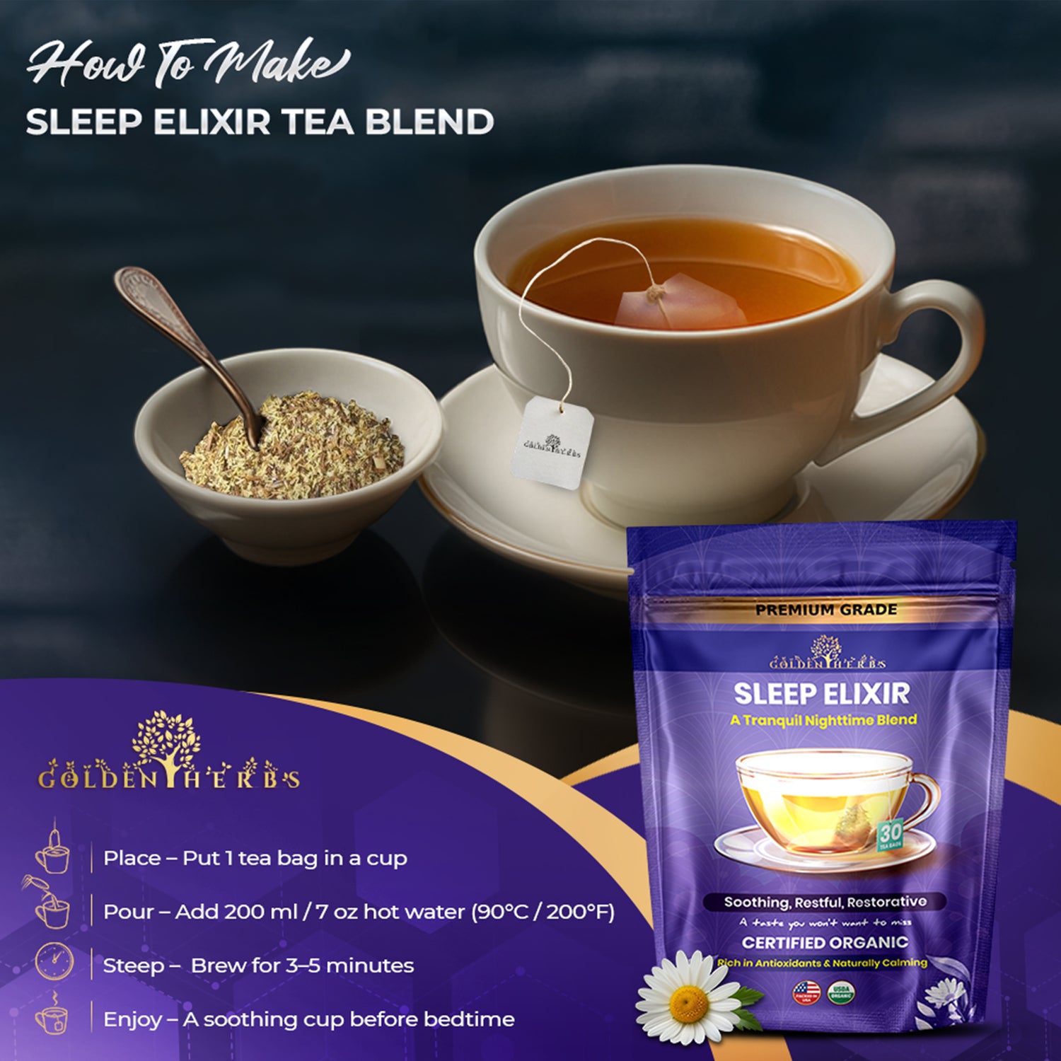 Golden Herbs USDA Organic Sleep Elixir Herbal Tea – Relaxing Bedtime Blend with Chamomile &amp; Herbs – 30 Naturally Caffeine-Free Tea Bags – Packed in USA