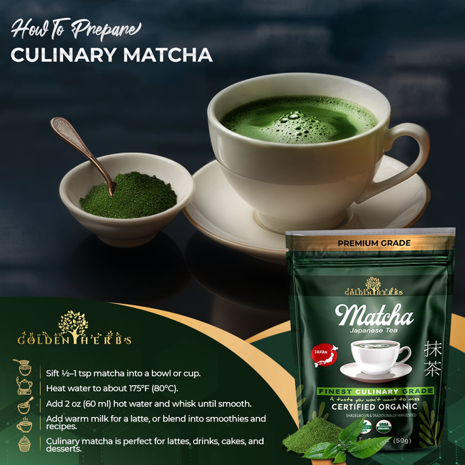 Golden Herbs USDA Organic Japanese Culinary Matcha Green Tea Powder – Smooth Flavor for Lattes, Baking &amp; Smoothies – Packed in USA