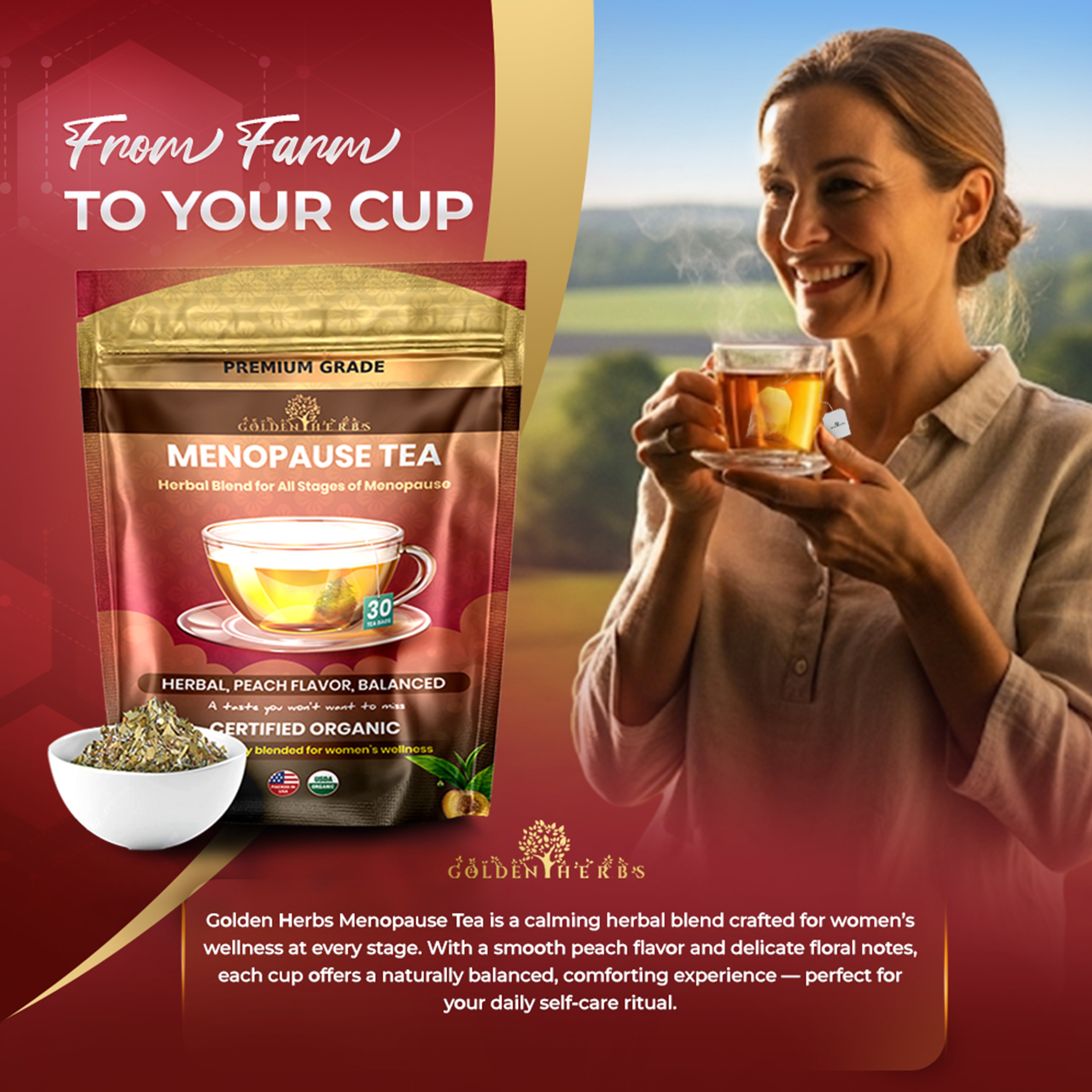 Golden Herbs USDA Organic Menopause Wellness Herbal Tea – 30 Caffeine-Free Tea Bags – Soothing Blend for Comfort &amp; Balance – Packed in USA
