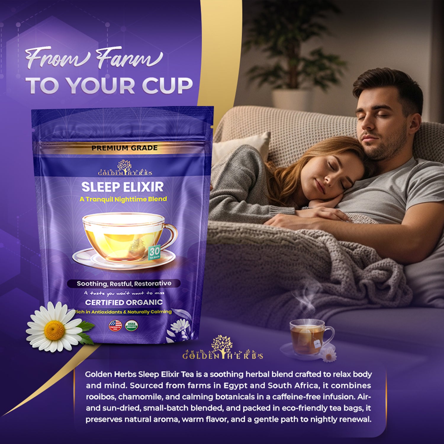 Golden Herbs USDA Organic Sleep Elixir Herbal Tea – Relaxing Bedtime Blend with Chamomile &amp; Herbs – 30 Naturally Caffeine-Free Tea Bags – Packed in USA