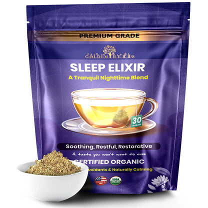 Golden Herbs USDA Organic Sleep Elixir Herbal Tea – Relaxing Bedtime Blend with Chamomile &amp; Herbs – 30 Naturally Caffeine-Free Tea Bags – Packed in USA