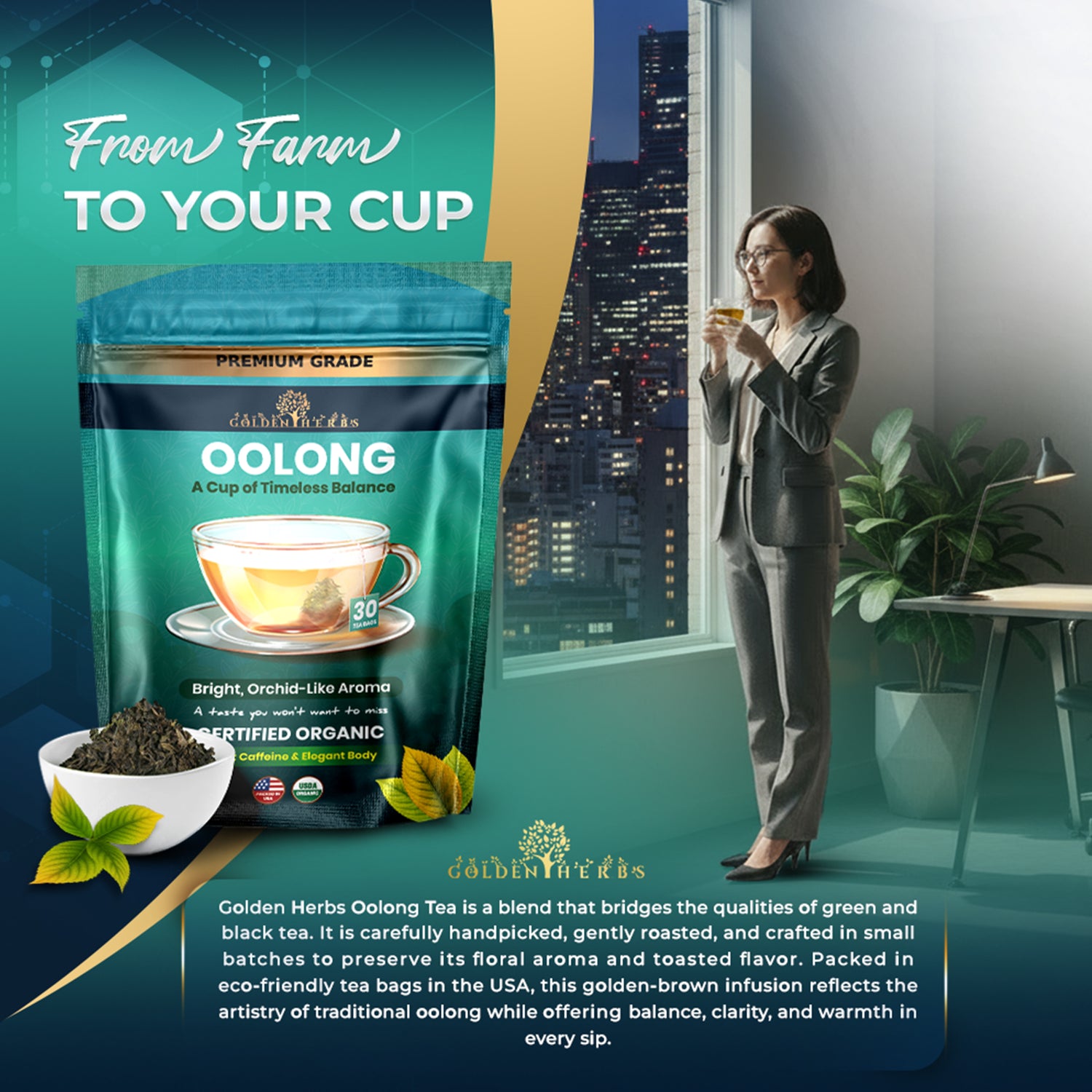 Golden Herbs USDA Organic Japanese Oolong Tea – Lightly Oxidized for Smooth Flavor &amp; Aromatic Notes – 30 Tea Bags – Packed in USA