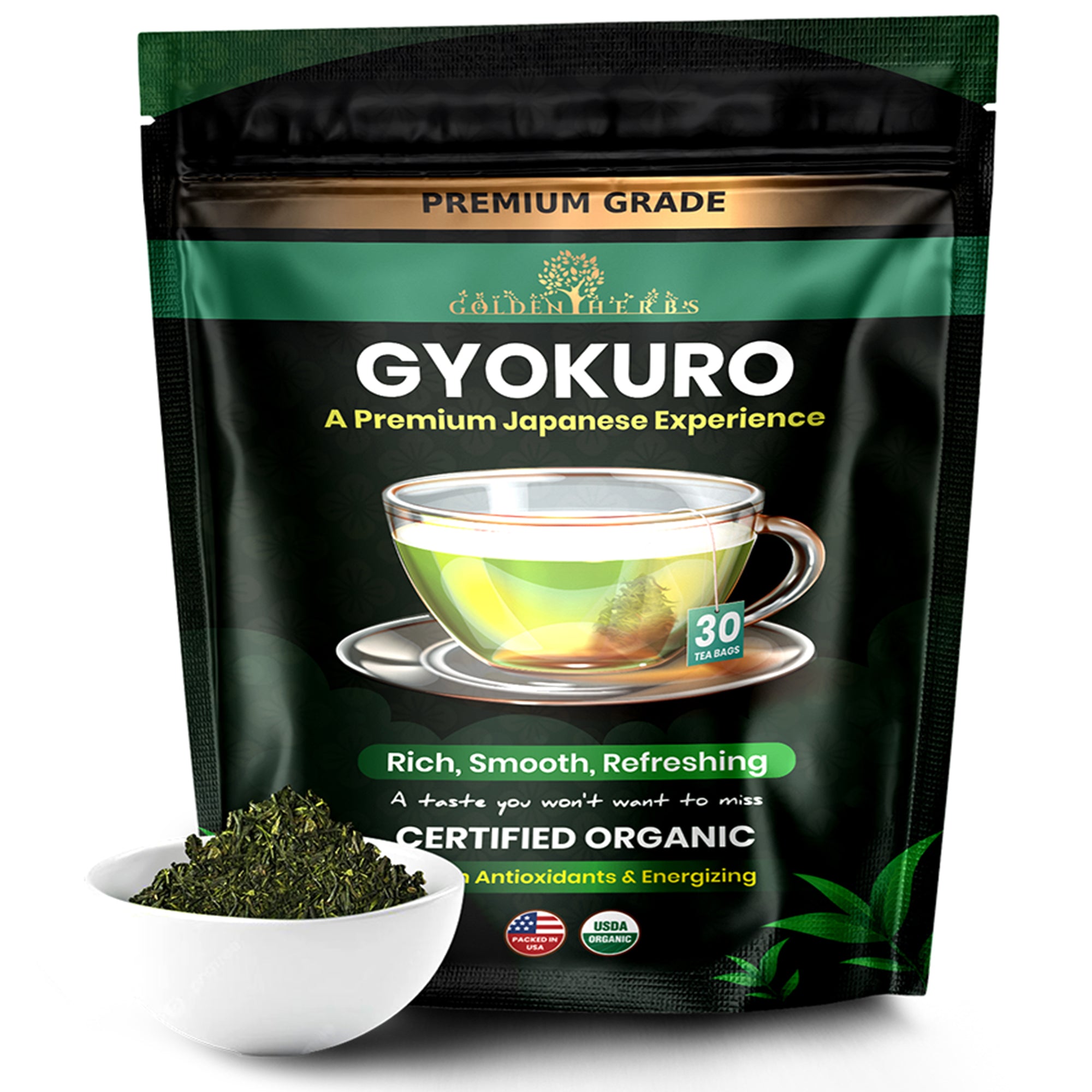 Golden Herbs USDA Organic Japanese Gyokuro Green Tea – Premium Shade-Grown Leaves – Rich Umami Flavor – 30 Tea Bags – Packed in USA