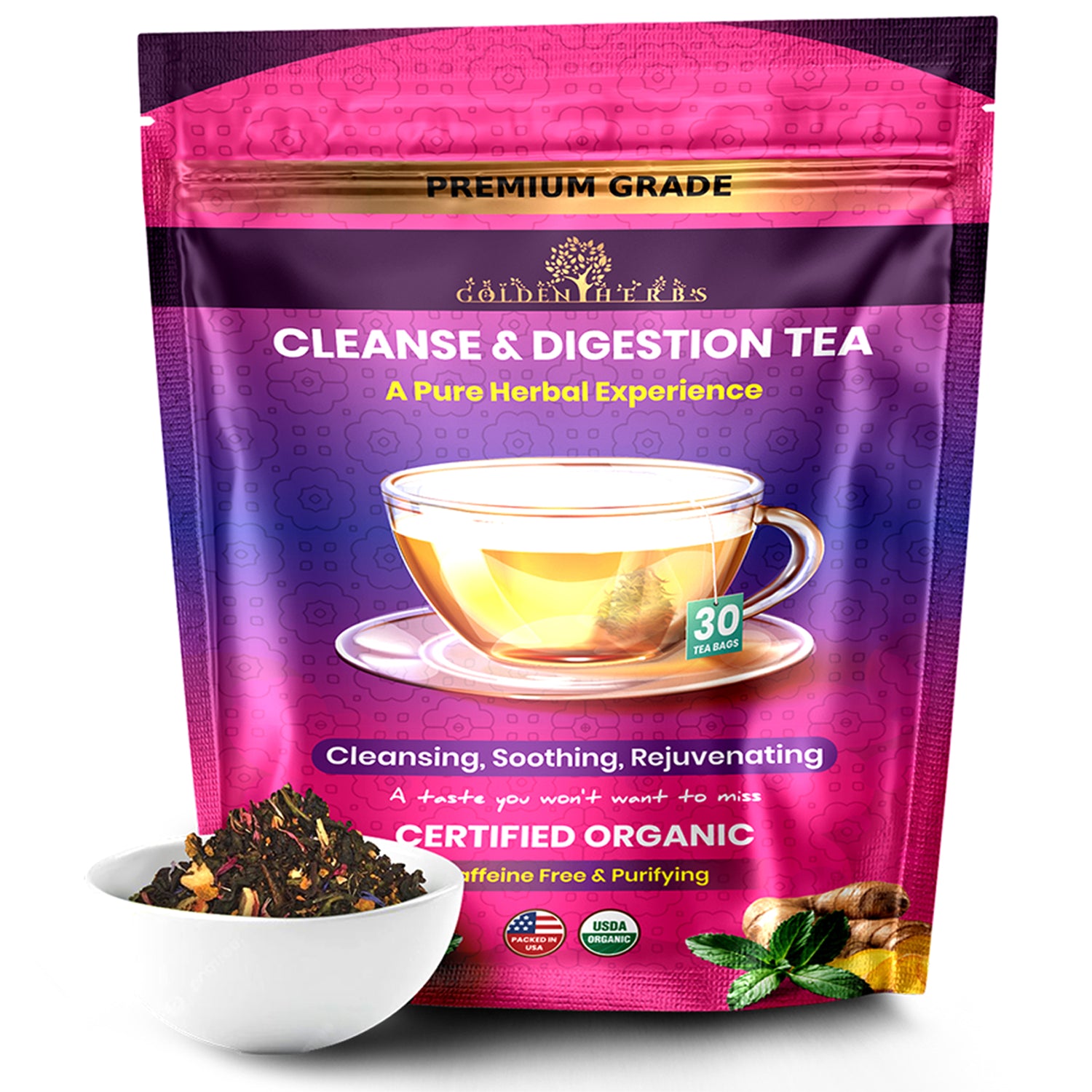 Golden Herbs USDA Organic Cleanse &amp; Digestion Herbal Tea – Natural Detox &amp; Gut Support – 30 Tea Bags – Caffeine-Free – Packed in USA
