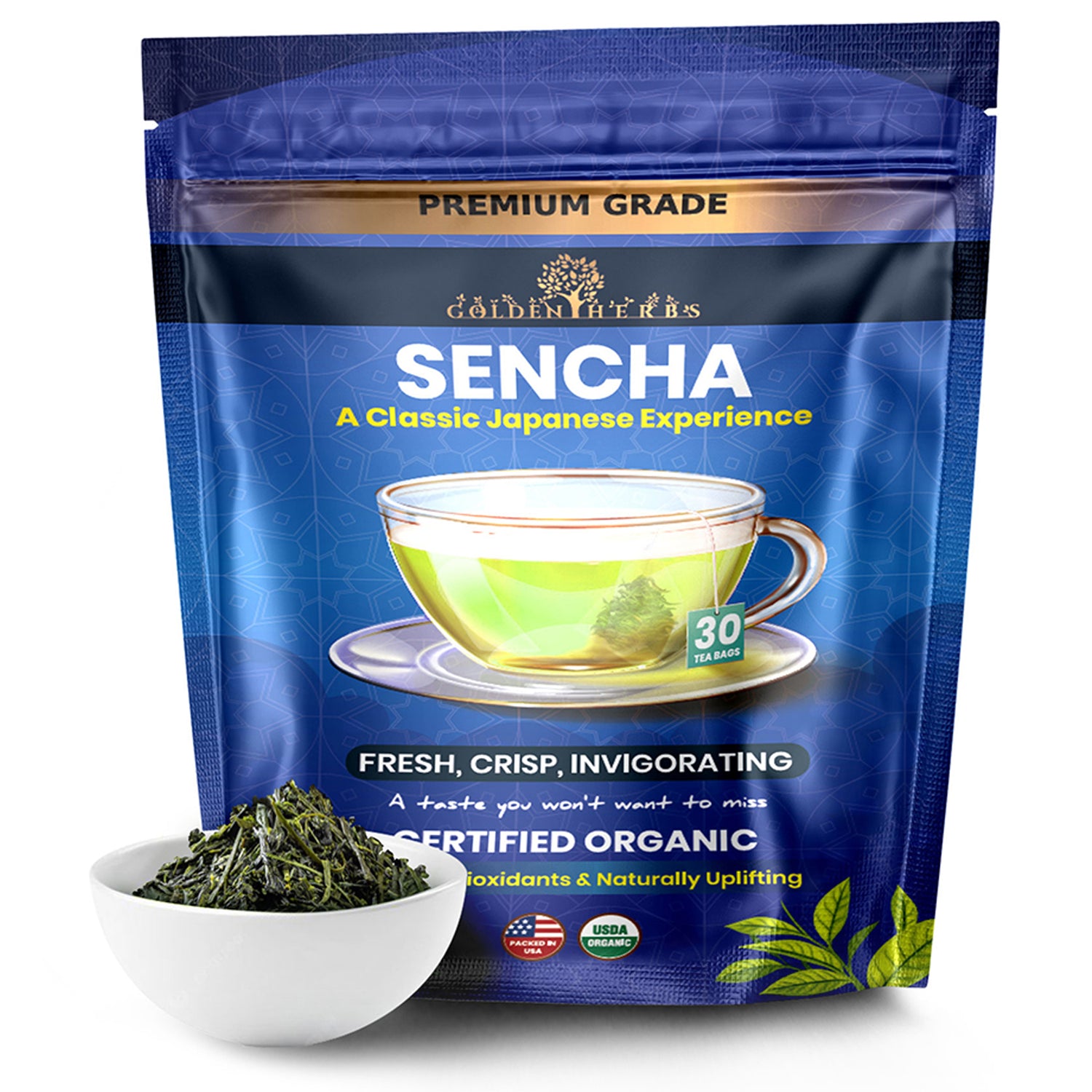 Golden Herbs USDA Organic Japanese Sencha Green Tea – 30 Tea Bags – Fresh &amp; Smooth – Packed in USA