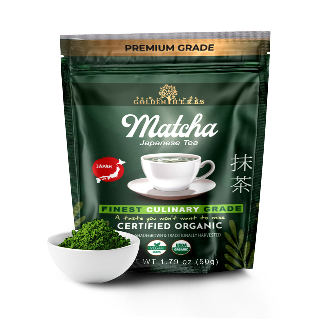 Golden Herbs USDA Organic Japanese Culinary Matcha Green Tea Powder – Smooth Flavor for Lattes, Baking &amp; Smoothies – Packed in USA
