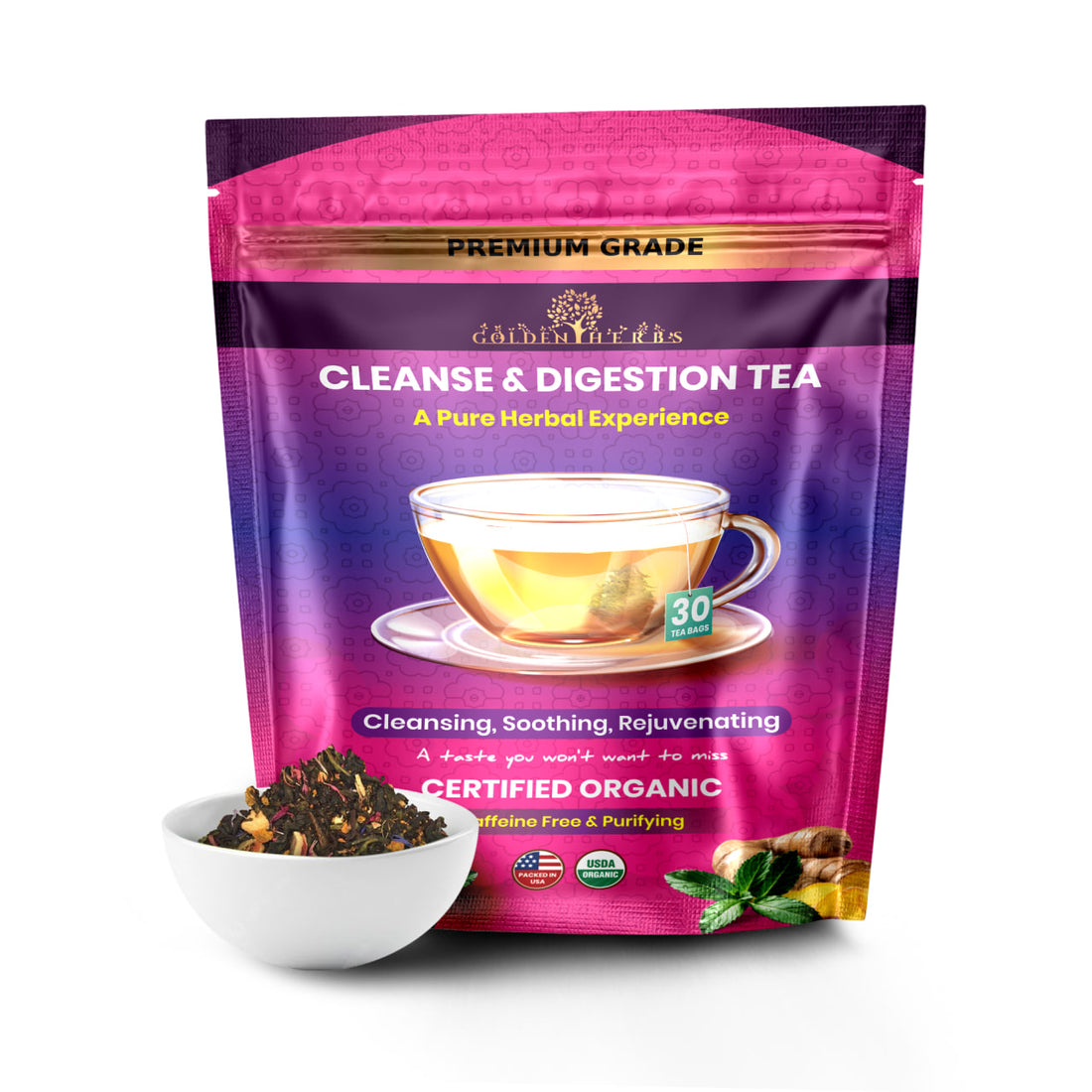 Golden Herbs USDA Organic Cleanse &amp; Digestion Herbal Tea – Natural Detox &amp; Gut Support – 30 Tea Bags – Caffeine-Free – Packed in the USA