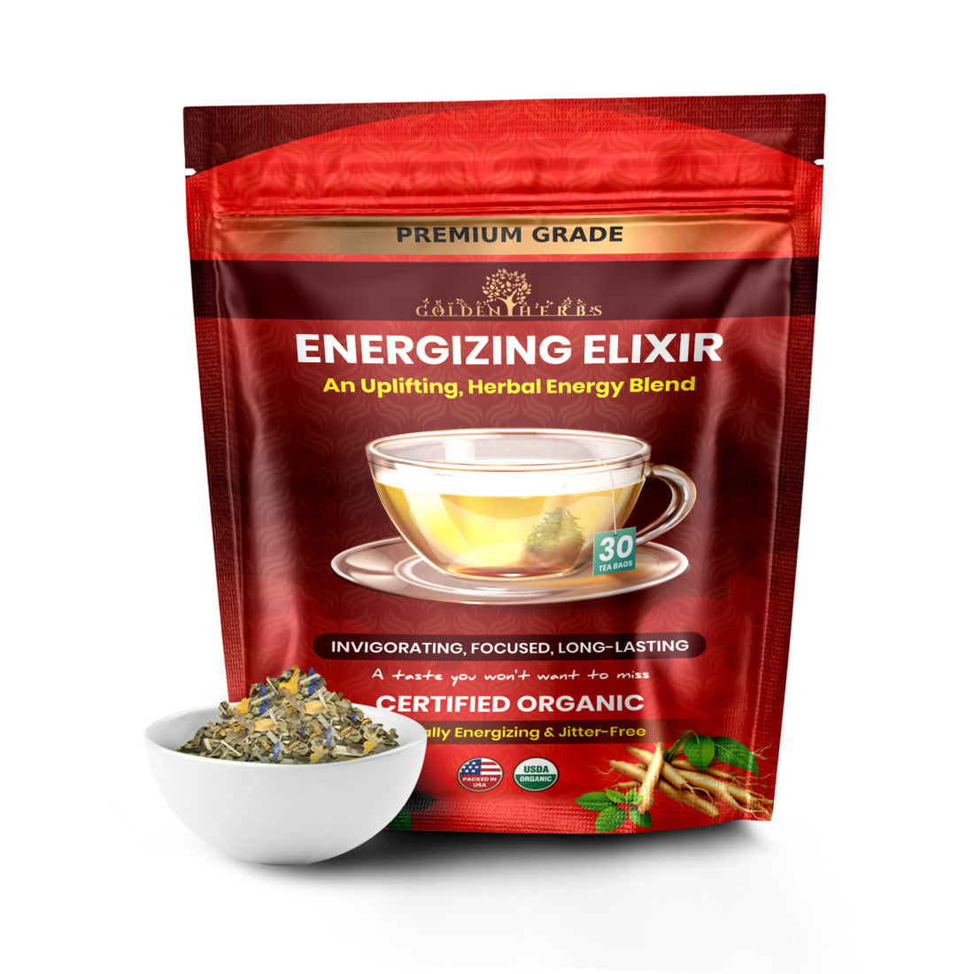 Golden Herbs USDA Organic Energizing Elixir Herbal Tea – Natural Energy &amp; Focus Support – 30 Caffeine-Free Tea Bags – Packed in USA