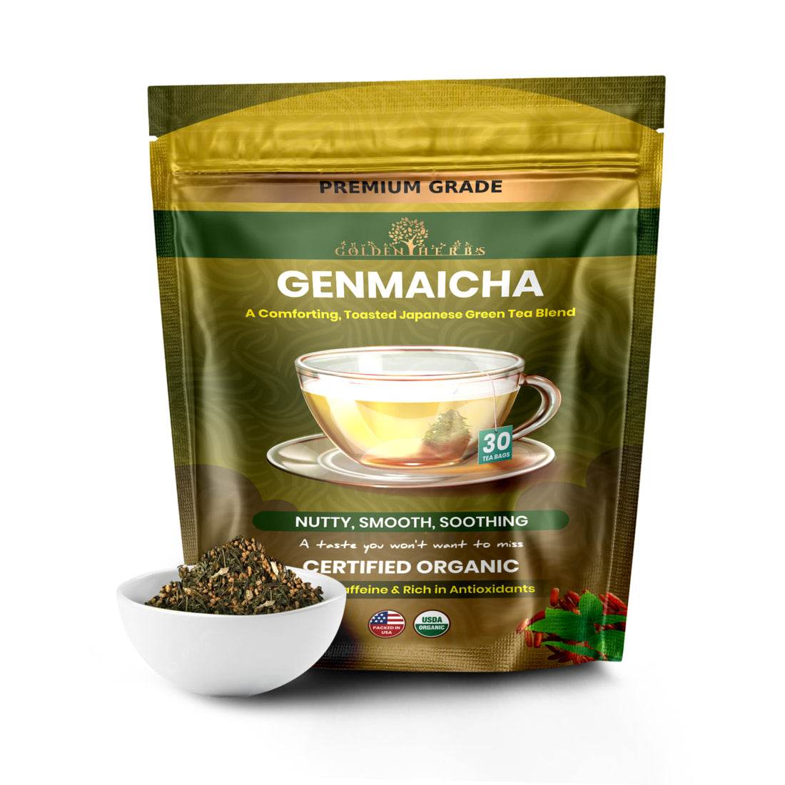 Golden Herbs USDA Organic Japanese Genmaicha Green Tea – Premium Roasted Brown Rice Blend – Nutty Flavor – 30 Tea Bags – Packed in USA