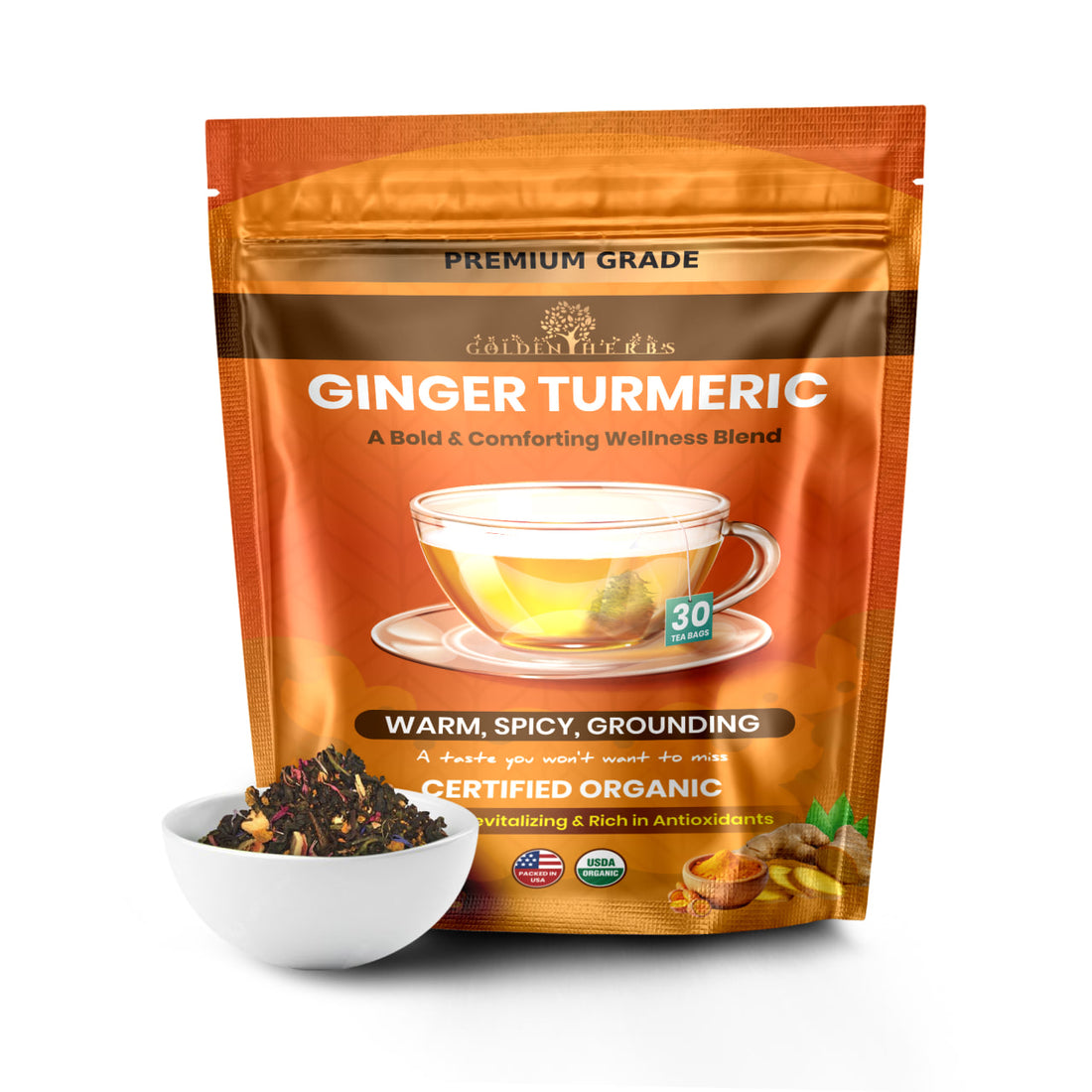 Golden Herbs USDA Organic Ginger Turmeric Herbal Tea – 30 Tea Bags – Warming, Anti-Inflammatory &amp; Immune Support – Packed in USA