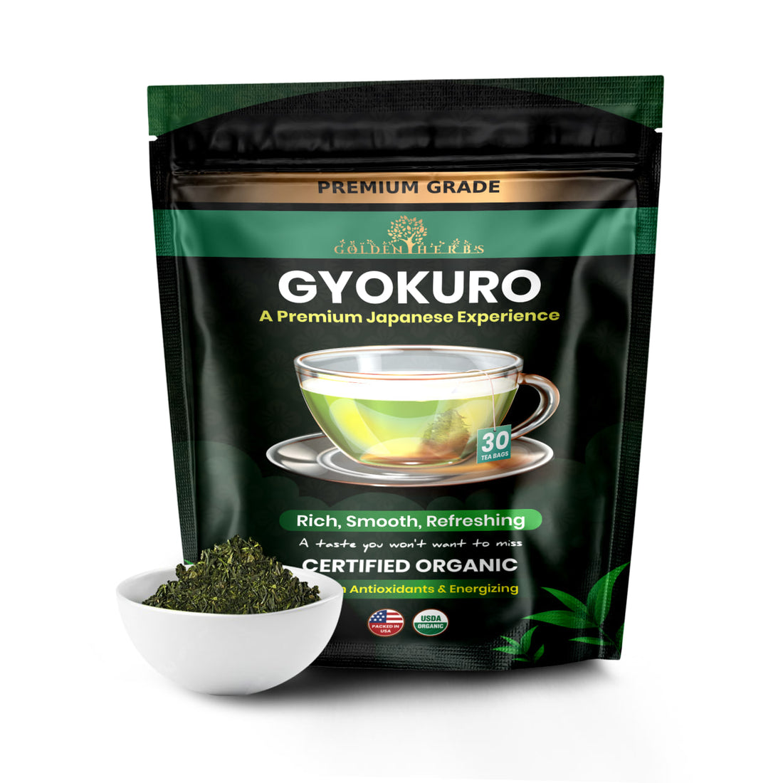 Golden Herbs USDA Organic Japanese Gyokuro Green Tea – Premium Shade-Grown Leaves – Rich Umami Flavor – 30 Tea Bags – Packed in USA