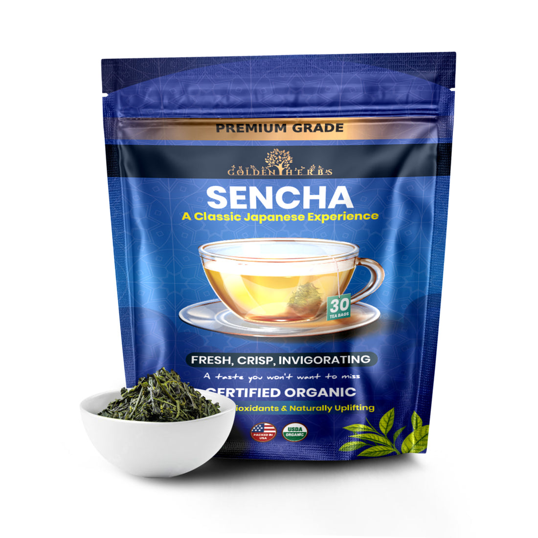 Golden Herbs USDA Organic Japanese Sencha Green Tea – 30 Tea Bags – Fresh &amp; Smooth – Packed in USA